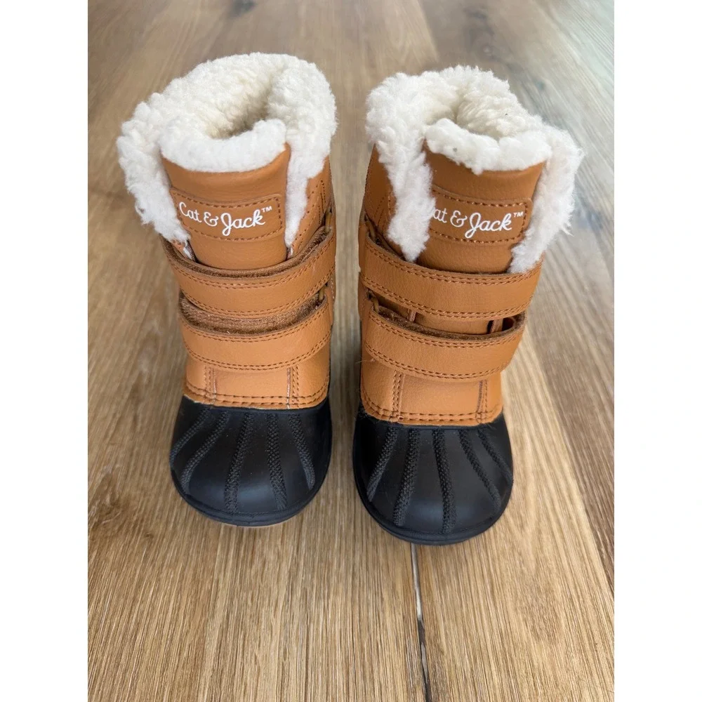 Cat & Jack Winter Duck Boots Toddler 5 Tan Black Faux Shearling Hook Loop Straps